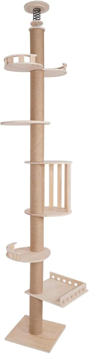 100.4-104.3" Tall Wood Cat Tower Tree Wall, Wall Mounted Scratching Post Adjustable Height Cat Tree with Sisal Scratching Climbing Posts, Indoor Cat Play Tower