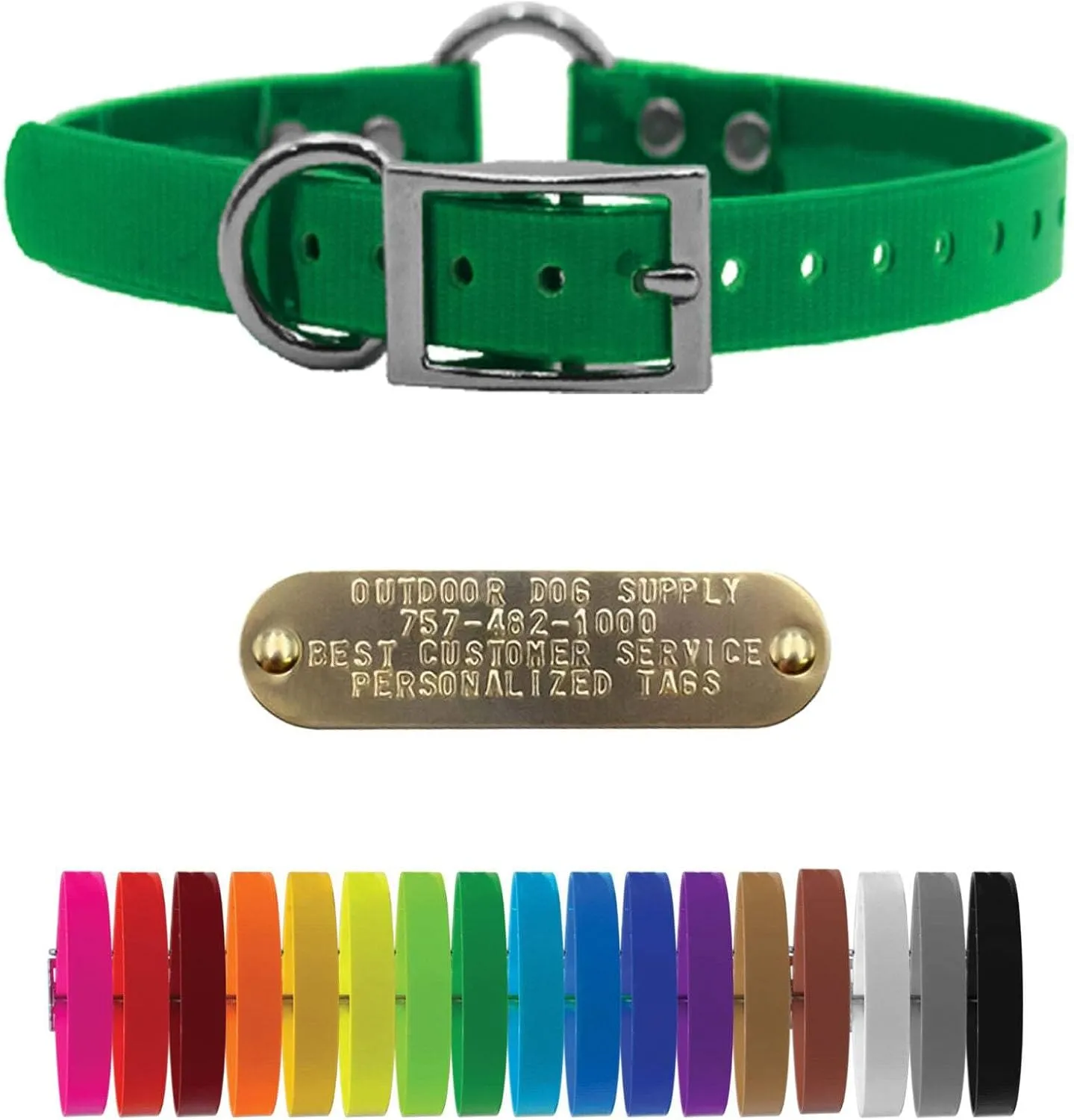 1" Solid Premium Glow Tuff Center Ring Dog Collar with 3/4" Tag (Dark Green, 21" Long)