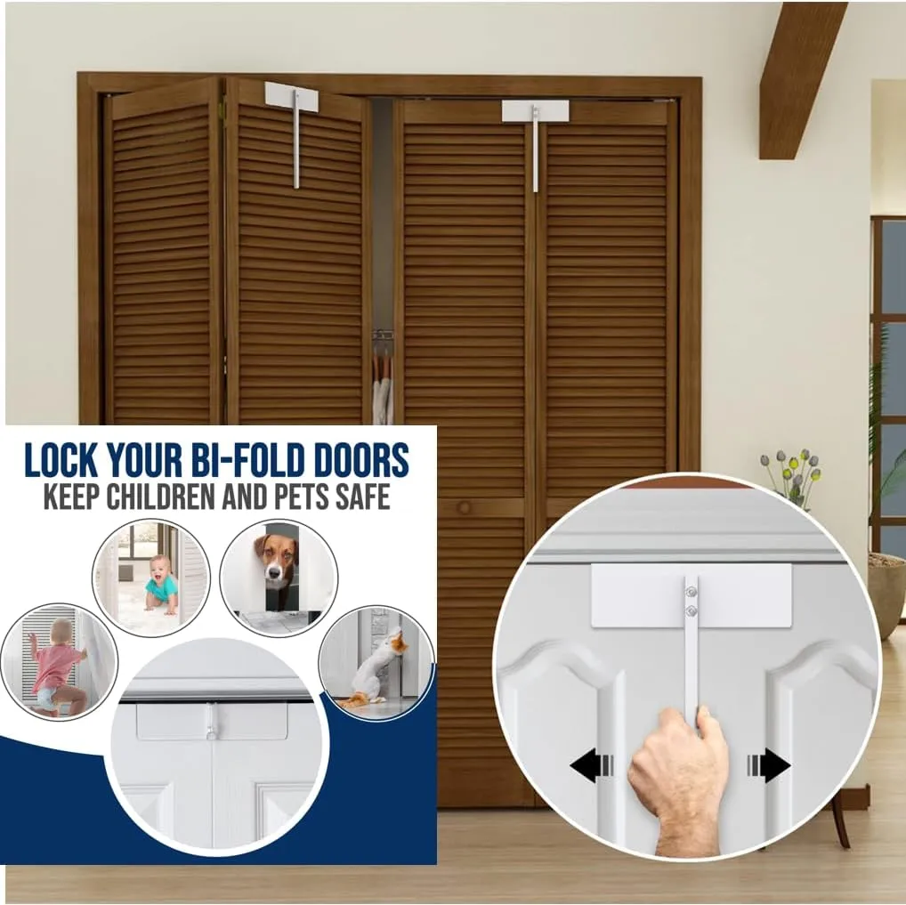 2 Metal Bifold Door Locks Adjustable Double Door Lock Kit (Fits 0.6" - 2" Folding Door) Heavy-Duty Child & Pet Proof Safety Lock for Closet,Cabinet,Pantry, Rust-Resistant No Drill Installation, Black