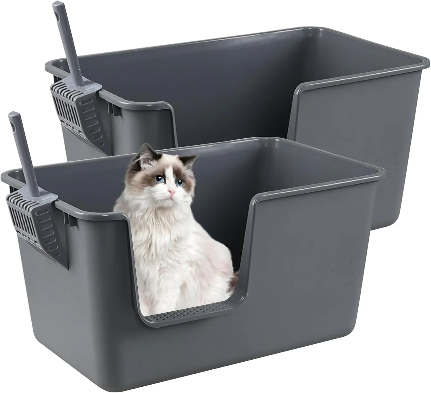 2-Pack High Side Plastic Cat Litter Box, Large Cat Litter Box Basin, Gray