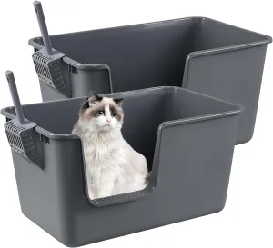 2-Pack High Side Plastic Cat Litter Box, Large Cat Litter Box Basin, Gray
