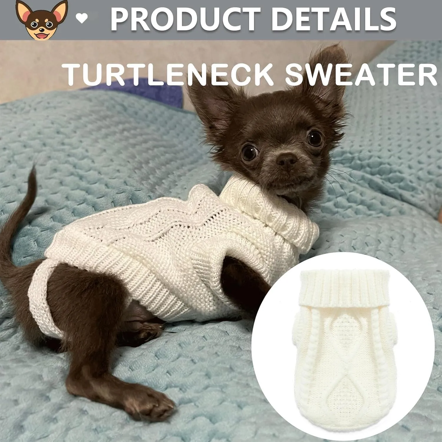 2 Pieces Dog Sweater for Small Dogs Chihuahua Clothes Spring Winter Cute Knitwear Turtleneck Thick Warm Clothes for Yorkie Cat Extra Small Dog Clothes (XX-Small)