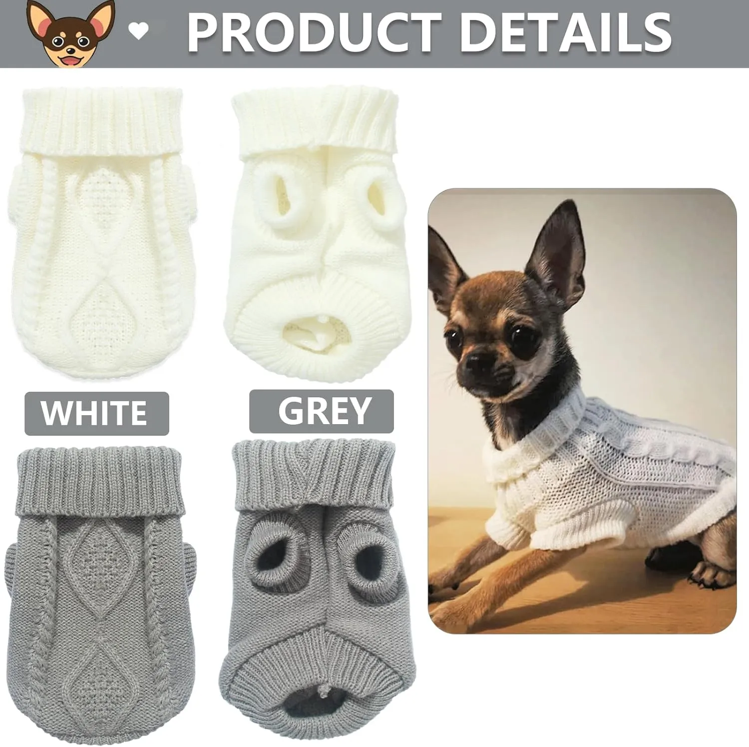 2 Pieces Dog Sweater for Small Dogs Chihuahua Clothes Spring Winter Cute Knitwear Turtleneck Thick Warm Clothes for Yorkie Cat Extra Small Dog Clothes (XX-Small)