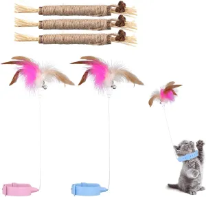 2pcs Silicone Collar Cat Toys & 3pcs Cat Teasing Wands, Adjustable Cat Wand Toy Cat Feather Toys Catnip Chew Toys Silvervine Sticks Interactive Cat Teaser Toys for Indoor Cat Kitten Exercise