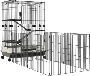 45" Small Animal Cage, 4-Level Portable Bunny Cage, Chinchilla & Ferret Cage with Removable Tray, Platforms, and Ramps, Black
