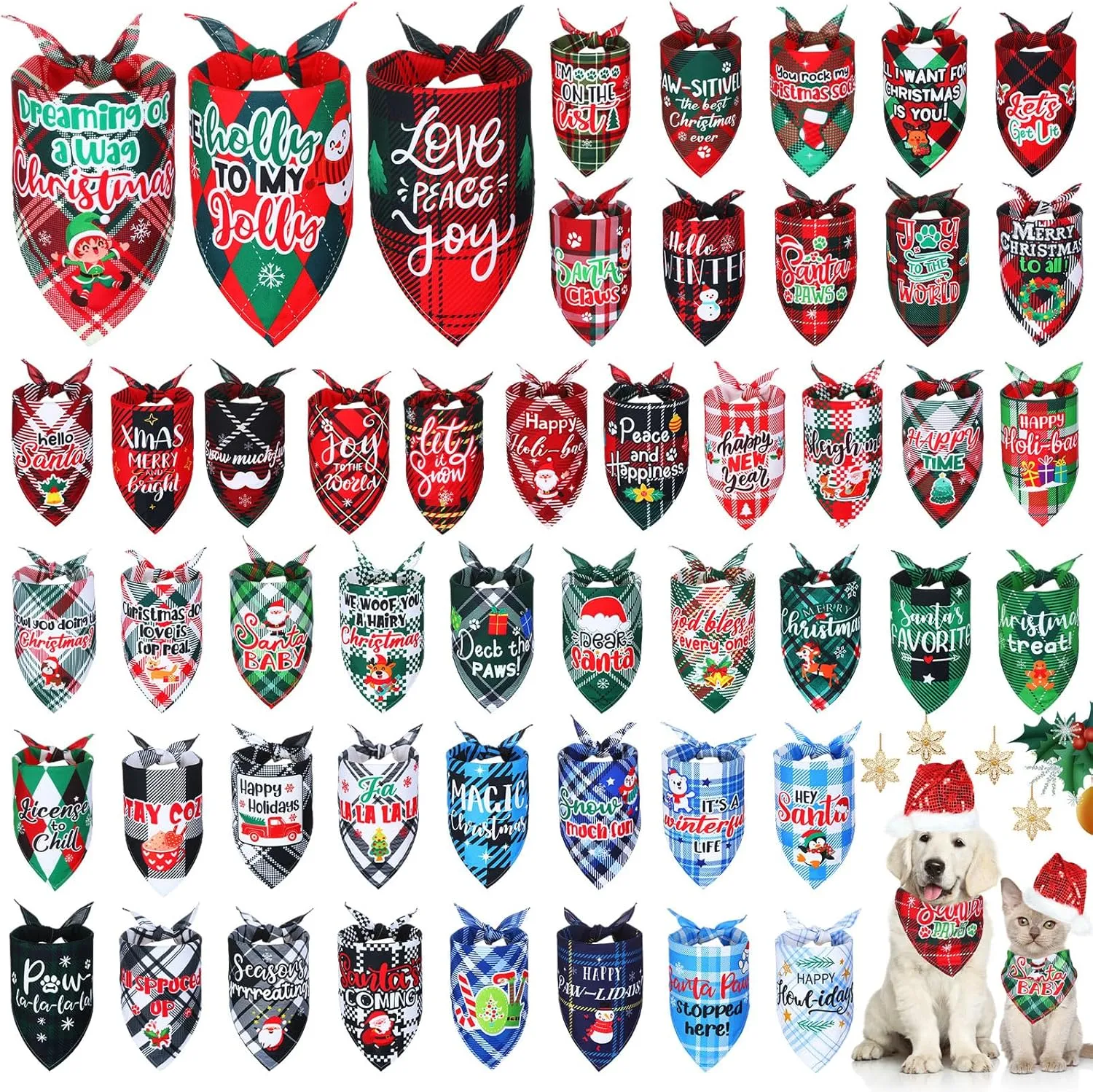Abbylike 50 Pcs Christmas Plaid Dog Bandanas Bulk Holiday Dog Scarf Bibs Puppy Bandanas Adjustable Washable Kerchief Pet Costume Accessories Grooming Supplies for Small to Large Cats Dogs
