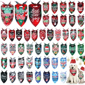 Abbylike 50 Pcs Christmas Plaid Dog Bandanas Bulk Holiday Dog Scarf Bibs Puppy Bandanas Adjustable Washable Kerchief Pet Costume Accessories Grooming Supplies for Small to Large Cats Dogs