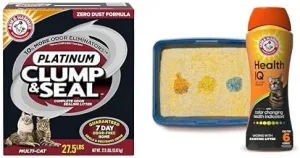 Bundle of ARM & HAMMER Clump & Seal Platinum Clumping Cat Litter, Multi-Cat, 27.5lb   ARM & HAMMER Health IQ Cat Litter Additive, with Color Changing Health Indicators, Works with Most Litter, 10 oz