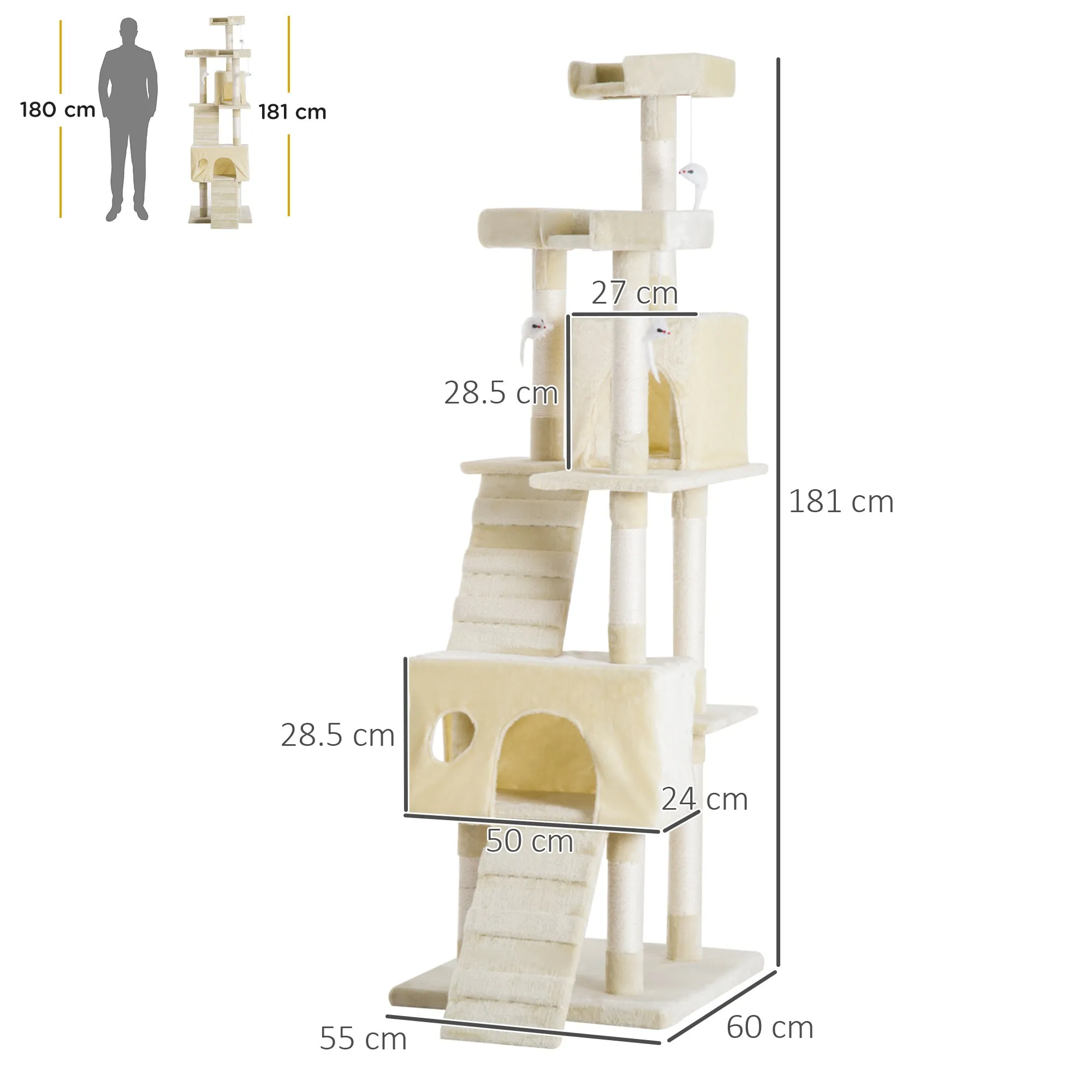 Cat Tower Centre Sisal Kitten Tree Scratch Scratcher Scratching Post Toy Climbing Tree Bed Multi Level 181cm(H)