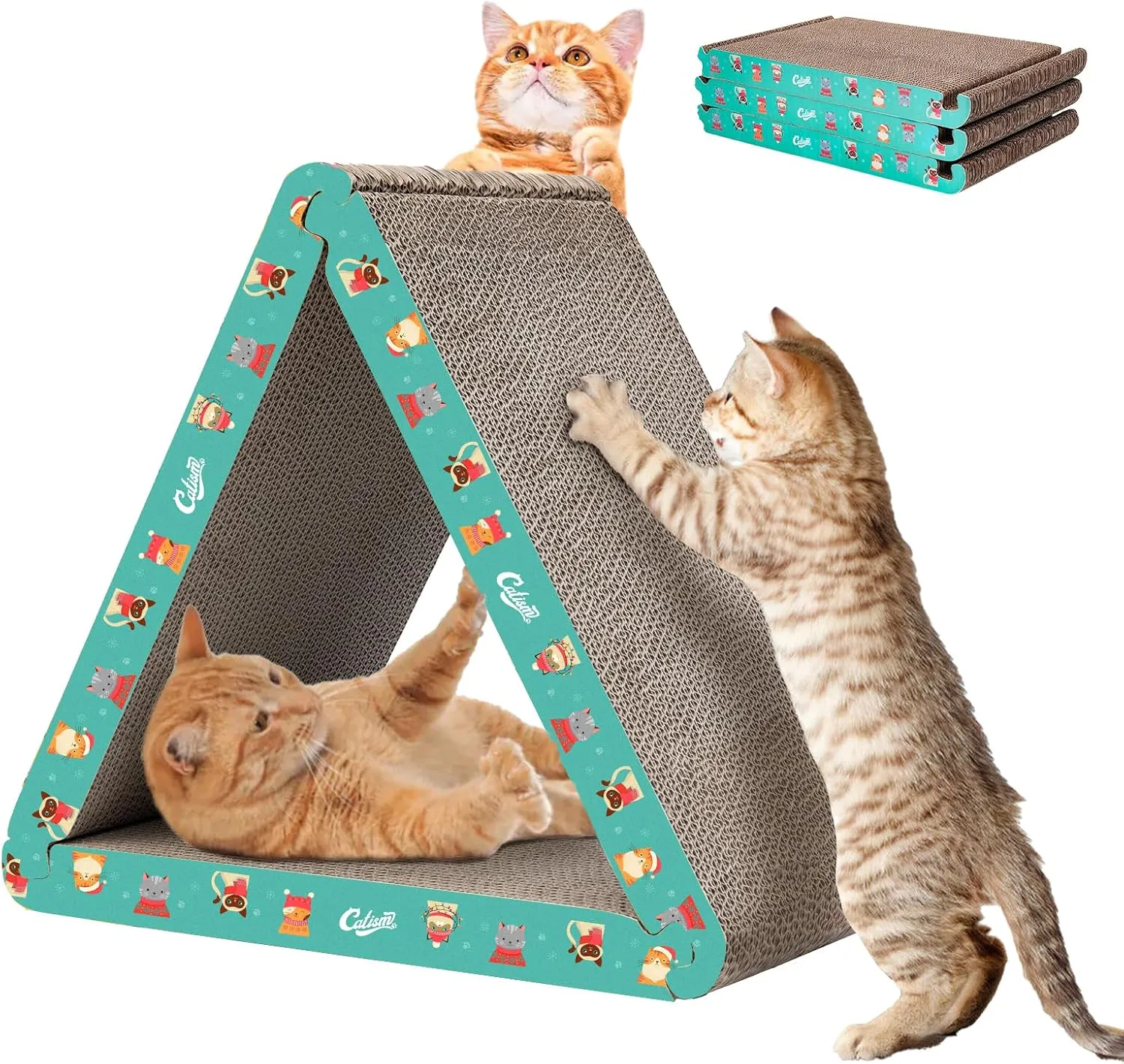 CATISM Cat Scrather Cat Scratching Board - Foldable - Triangle, 6 Usable Sides Cat Scratchers for Indoor Cats, Durable Recyclable Cat Scratcher Cardboard Vertical(Pack of 3)