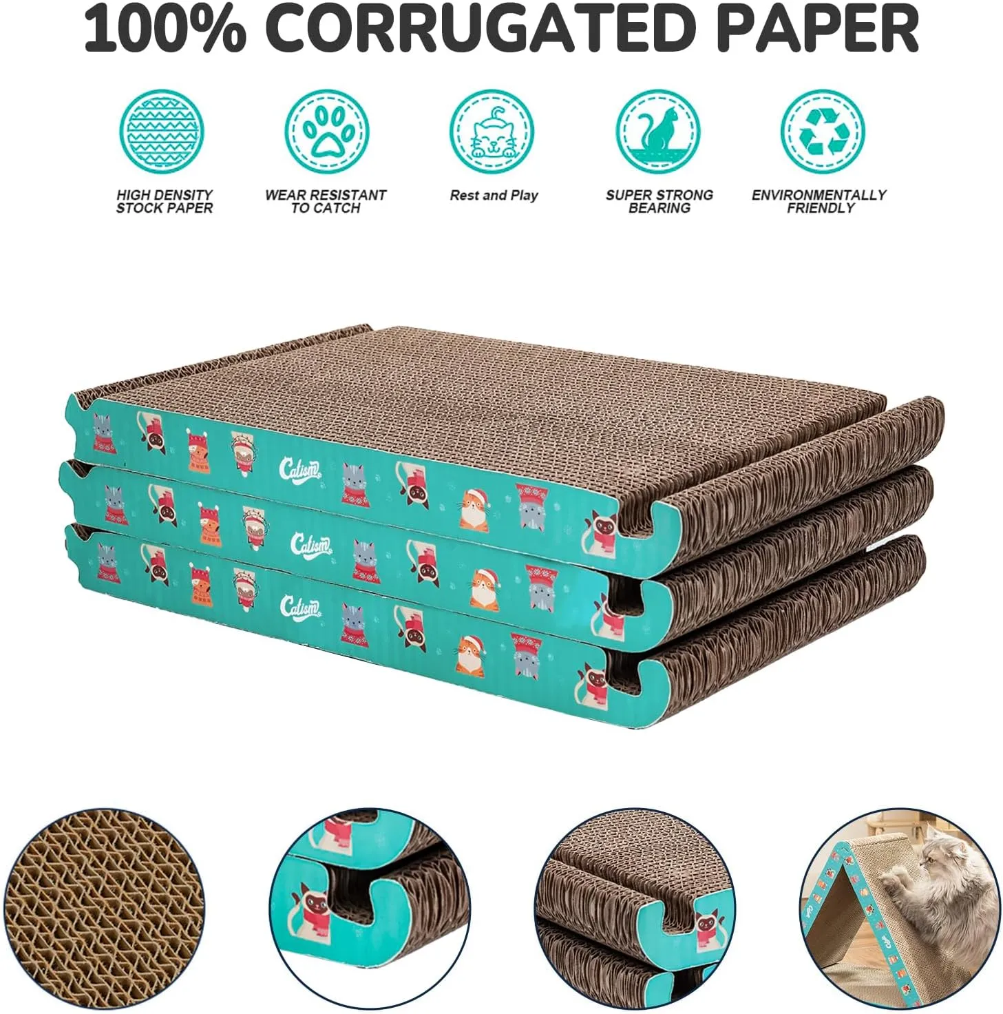 CATISM Cat Scrather Cat Scratching Board - Foldable - Triangle, 6 Usable Sides Cat Scratchers for Indoor Cats, Durable Recyclable Cat Scratcher Cardboard Vertical(Pack of 3)
