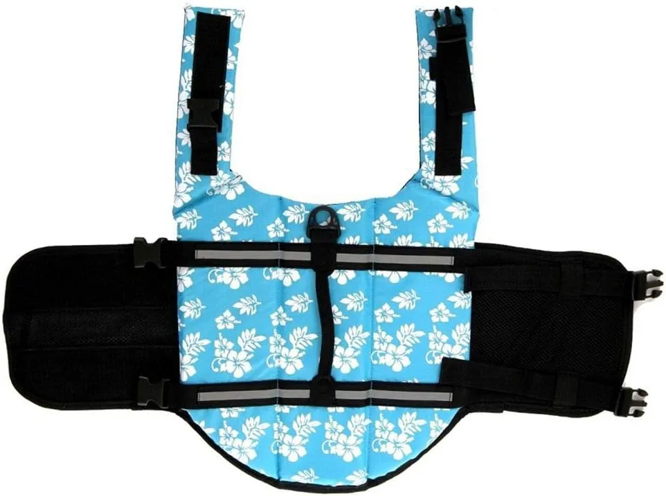 ChezAbbey Dog Life Jacket Adjustable Dog Lifevest Swimsuit Safety Vest Apparel Lifesaver Coat for Small Large Cats Puppy Kitty with Handle Reflective for Swimming and Boating Blue Flower XS