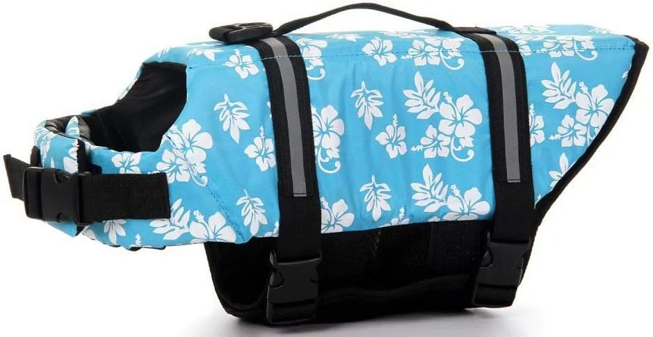 ChezAbbey Dog Life Jacket Adjustable Dog Lifevest Swimsuit Safety Vest Apparel Lifesaver Coat for Small Large Cats Puppy Kitty with Handle Reflective for Swimming and Boating Blue Flower XS