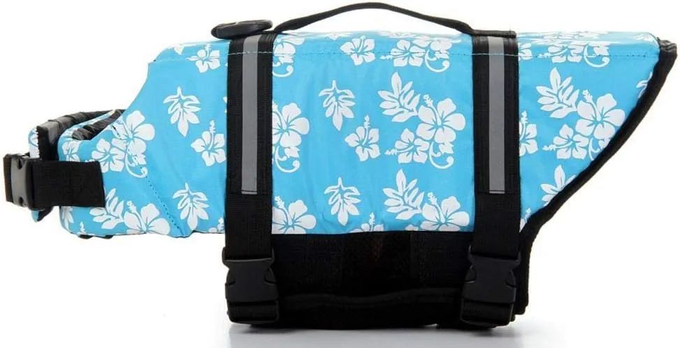 ChezAbbey Dog Life Jacket Adjustable Dog Lifevest Swimsuit Safety Vest Apparel Lifesaver Coat for Small Large Cats Puppy Kitty with Handle Reflective for Swimming and Boating Blue Flower XS