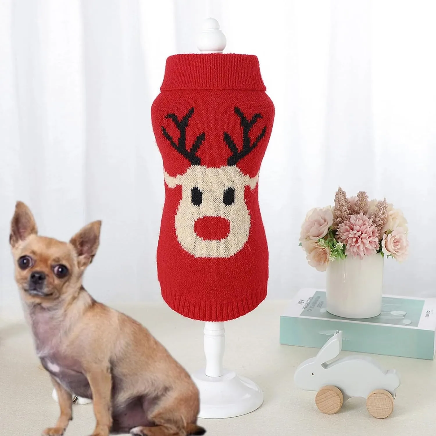 Christmas Dog Sweater Small Dog Girl Sweater Xmas Soft Winter Warm Reindeer Dog Knitted Sweater for Teacup Poodles Chihuahua Torkies, S, Red