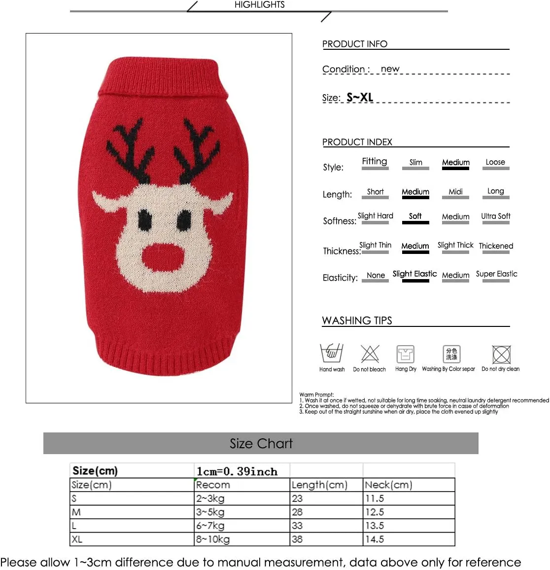 Christmas Dog Sweater Small Dog Girl Sweater Xmas Soft Winter Warm Reindeer Dog Knitted Sweater for Teacup Poodles Chihuahua Torkies, S, Red