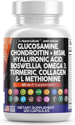 Clean Glucosamine Chondroitin MSM Turmeric Hyaluronic Acid Boswellia Collagen Tart Cherry - Joint Support Supplement Knee & Joint Relief Omega 3 Pills Ginger Quercetin Capsules - 120 Count Made in USA in Pakistan