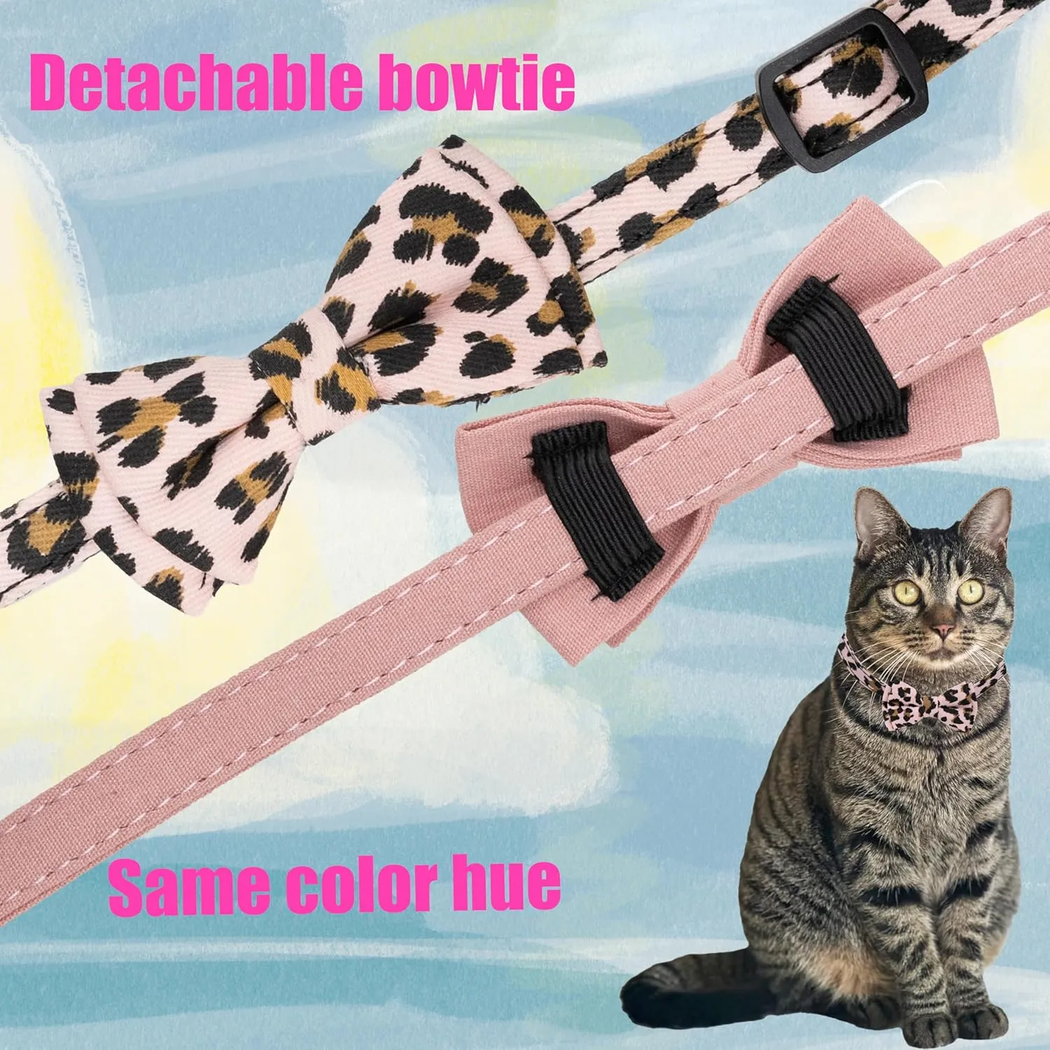 Collar for Cat Pet Breakaway with Bell Bowtie Detachable Bow Adjustable Safety Kitten Puppy Girl Boy 2pcs Pink Leopard & Pure