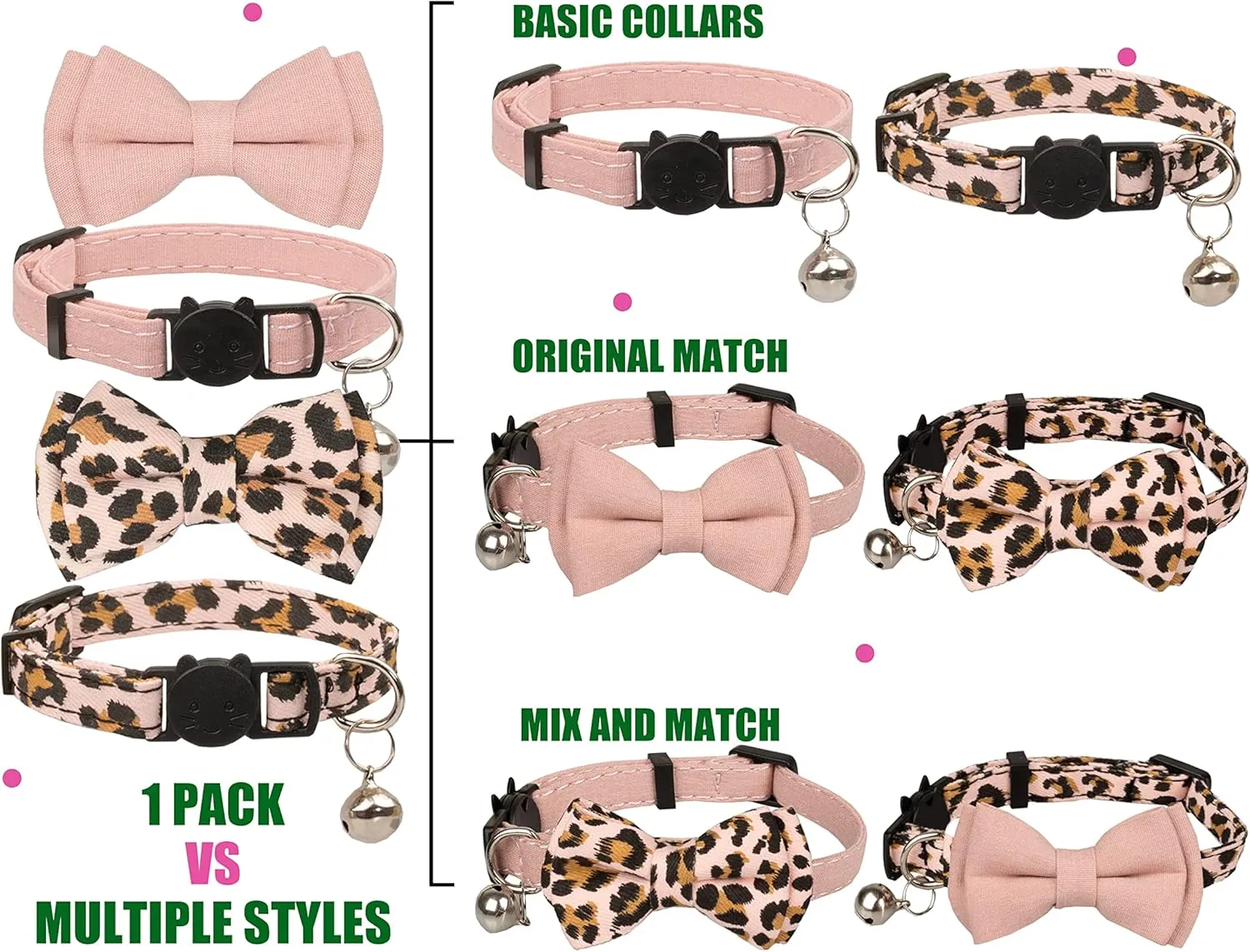 Collar for Cat Pet Breakaway with Bell Bowtie Detachable Bow Adjustable Safety Kitten Puppy Girl Boy 2pcs Pink Leopard & Pure