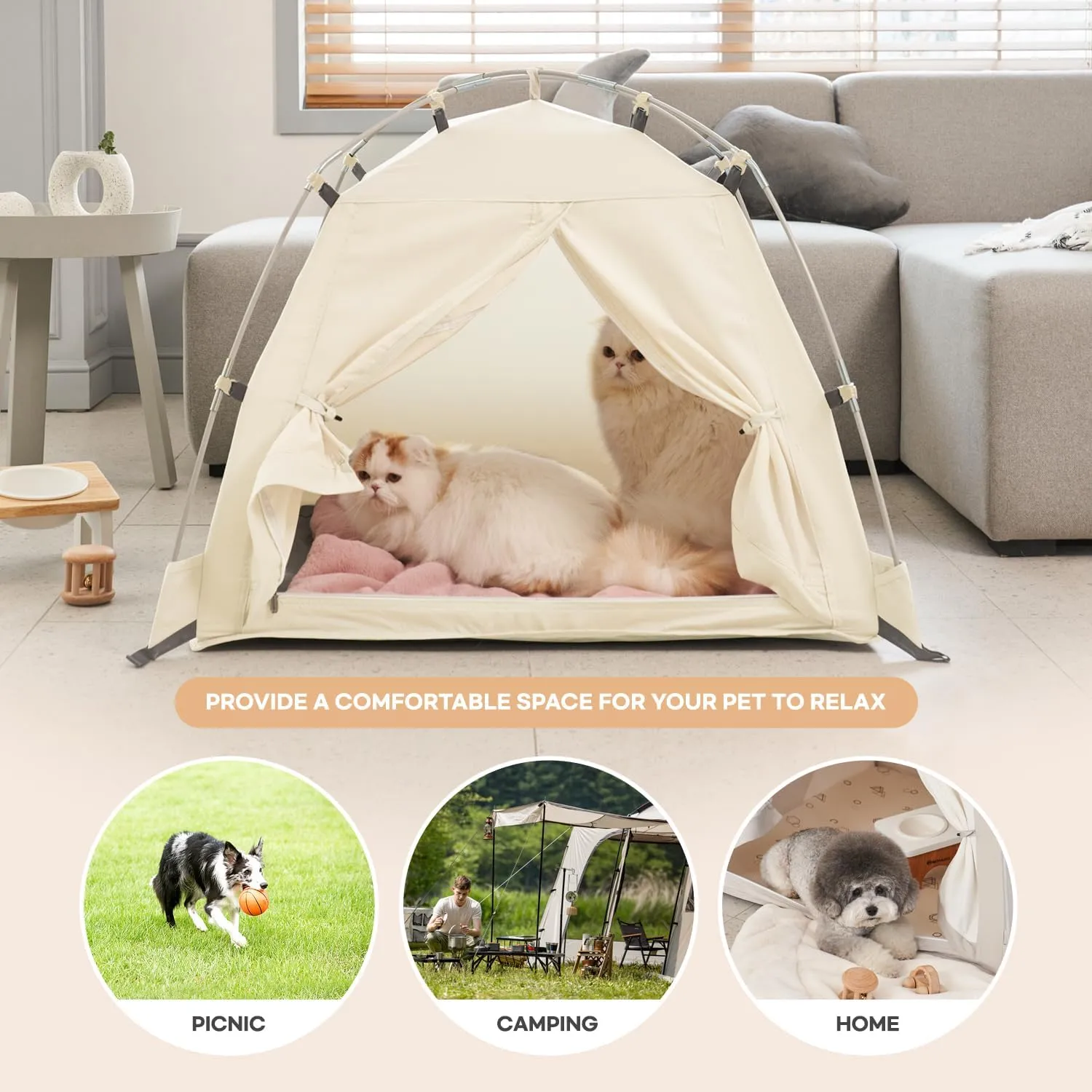 DDASUMMI Portable Pet Teepee Waterproof & Durable PE Floor Mat Dog & Cat House for Indoor/Outdoor, Camping Dog Tent Stable and Comfortable for Pets (Ivory, XL)
