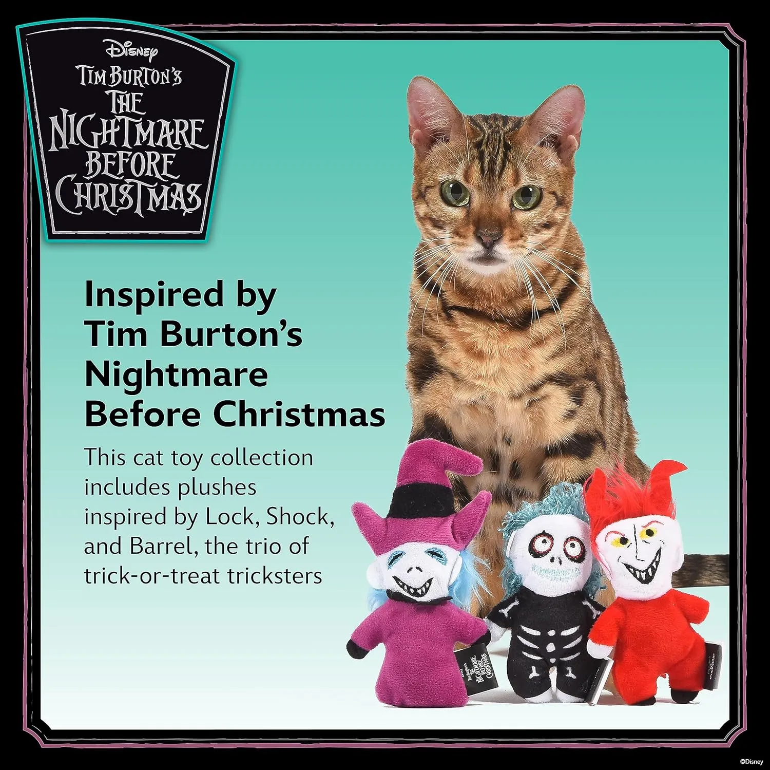 Disney for Pets Tim Burton's Nightmare Before Christmas: Trick-or-Treaters Shock, Barrel, Lock Plush Catnip w/Crinkle Cat Toy- 3PK | Halloween Cat Toys