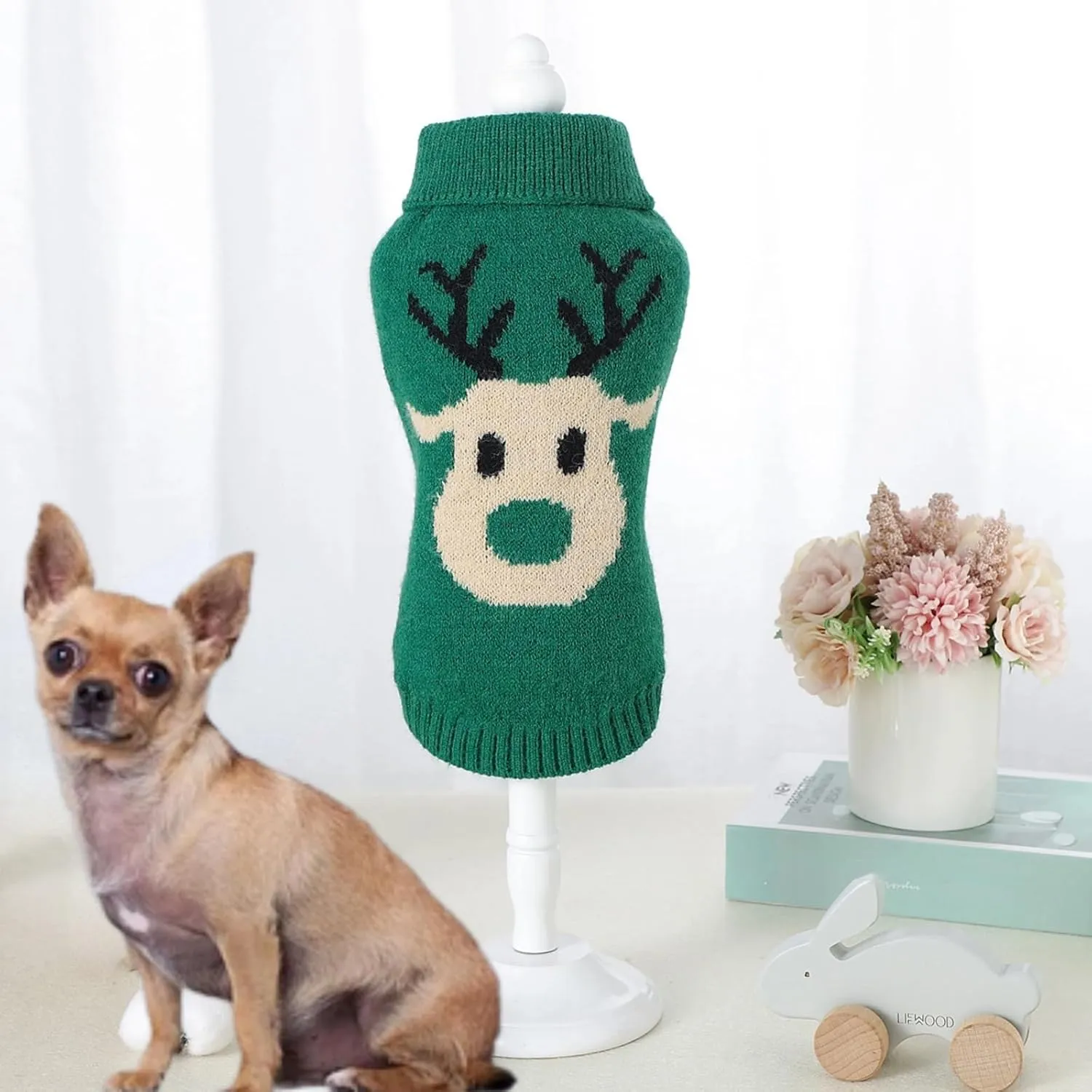 Dog Christmas Sweater Small Dog Reindeer Sweater Xmas Winter Warm Christmas Sweater Clothes for Teacup Poodles Chihuahua Torkies, S, Green