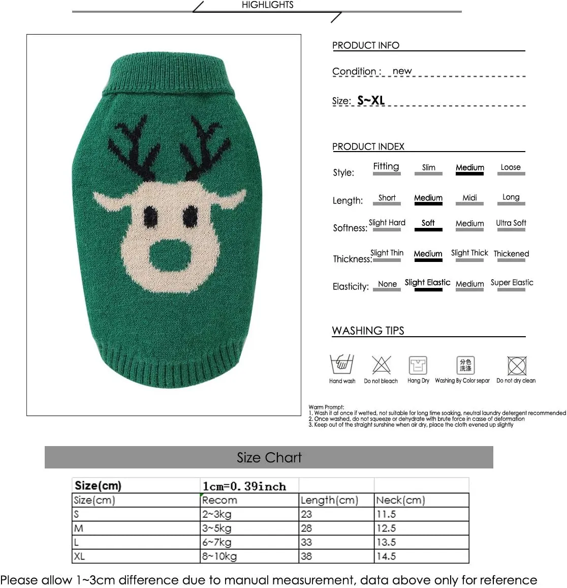 Dog Christmas Sweater Small Dog Reindeer Sweater Xmas Winter Warm Christmas Sweater Clothes for Teacup Poodles Chihuahua Torkies, S, Green