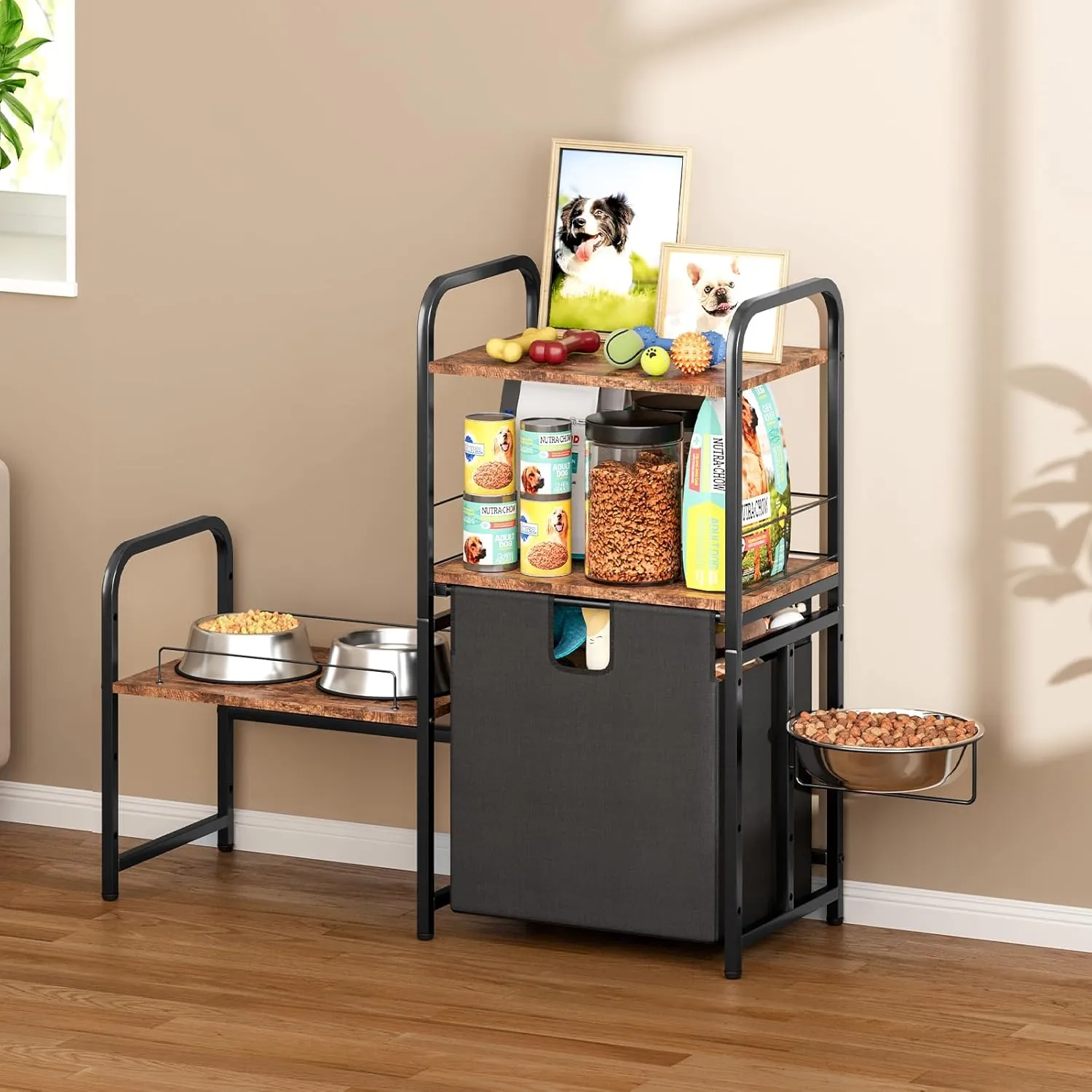 Dog Feeding Station with Single Bowl and Storage Basket, LitaiL Elevated Dog Bowls for 3 Bowls, 4 Height Adjustable Raised Bowl Stand for Small to Large Dogs, Rustic Brown