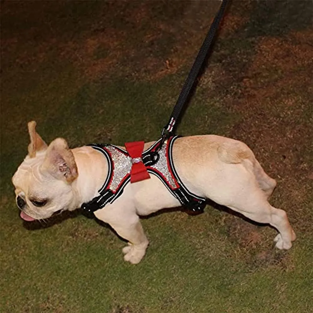 Dog Harness with Rhinestone Reflective, Cute Bling Ties Dog Harness Dog Leash, Reflective Chest Strap with Shiny Bow