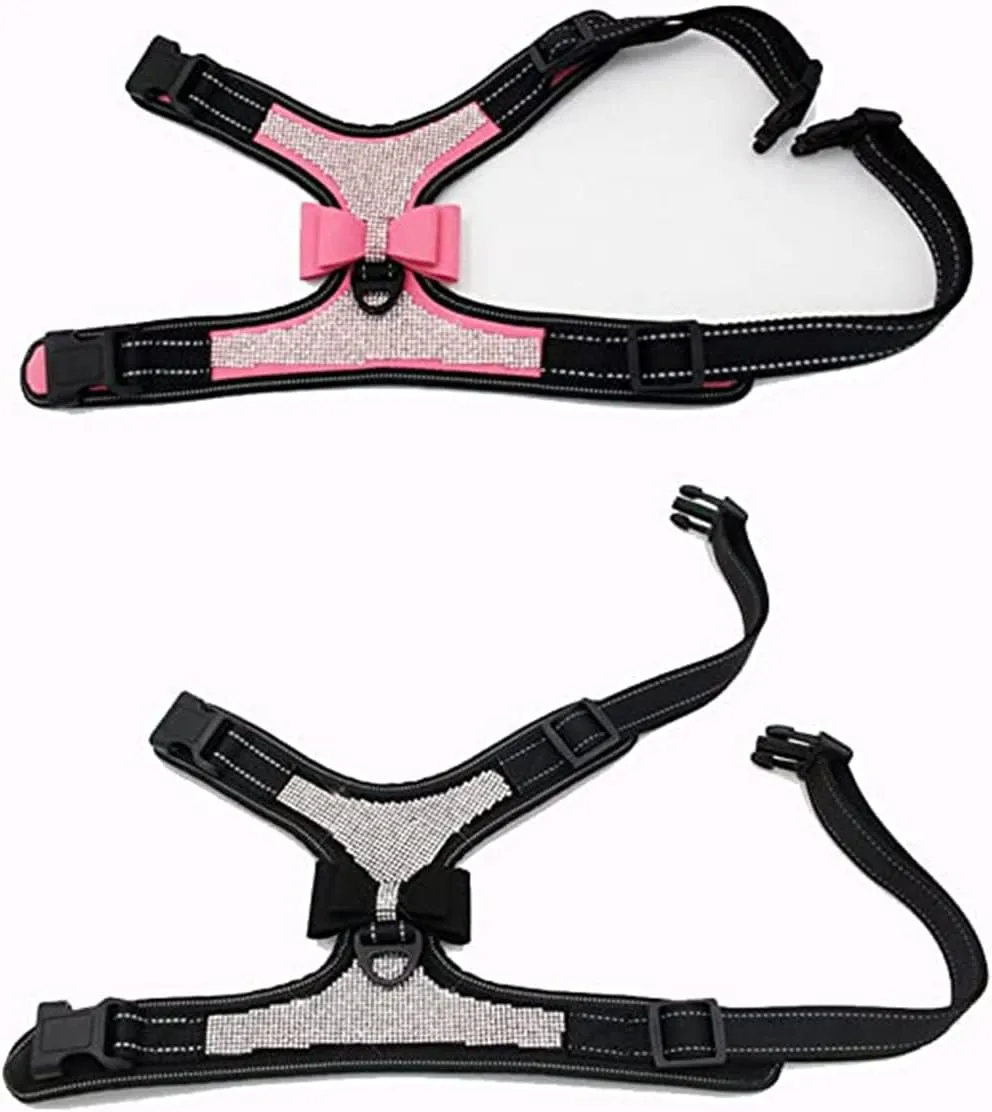 Dog Harness with Rhinestone Reflective, Cute Bling Ties Dog Harness Dog Leash, Reflective Chest Strap with Shiny Bow