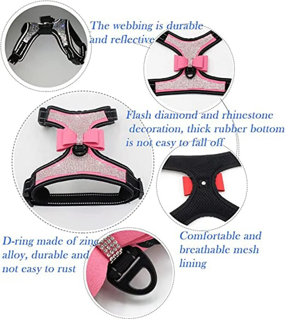 Dog Harness with Rhinestone Reflective, Cute Bling Ties Dog Harness Dog Leash, Reflective Chest Strap with Shiny Bow