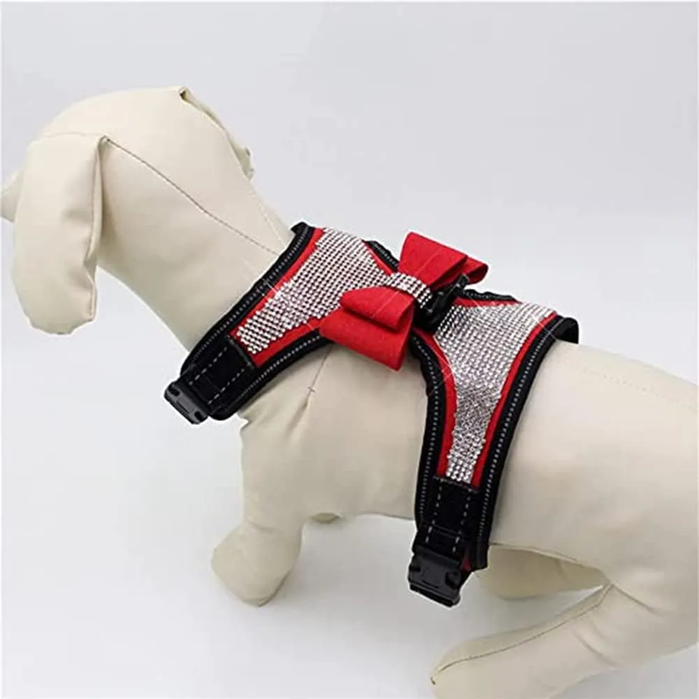 Dog Harness with Rhinestone Reflective, Cute Bling Ties Dog Harness Dog Leash, Reflective Chest Strap with Shiny Bow