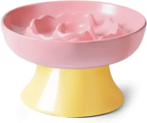 Dog Slow Feeder Bowl,Elevated Ceramic Dog Bowls for Small & Medium & Large Dogs.Durable,Easy to Clean. (Pink and Yellow)