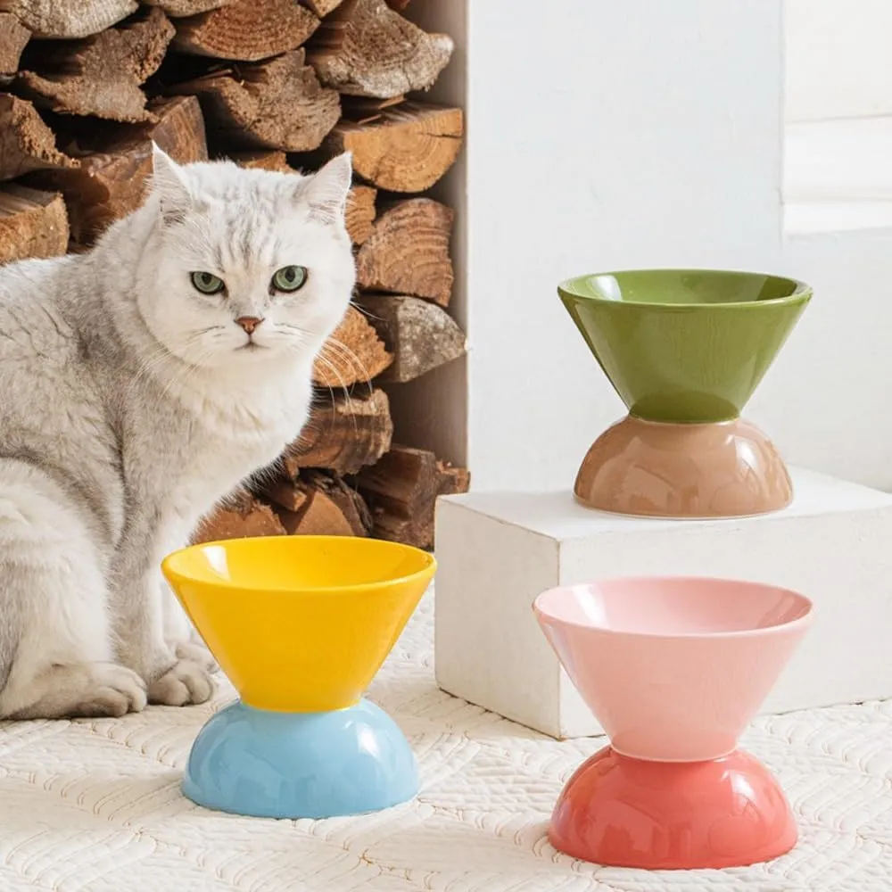 Elevated Cat Bowl, Ceramic Dog-Food Bowl and Water Bowl Set, No Spill Non Skid Dog Bowl Double Pet Bowls, Raised Cat Bowls for Indoor Cats, Dry/Wet Food(Yellow Blue Pink red)