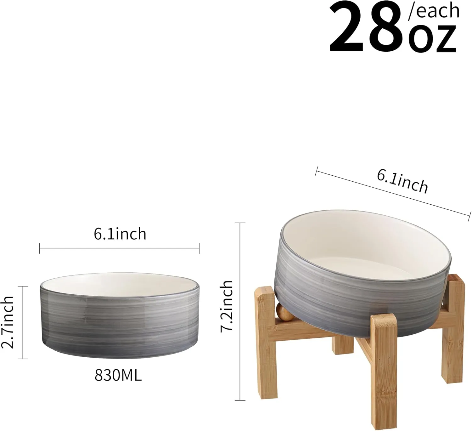 Elevated/Raised 15Tilted Anti Slip Ceramic Dog Bowls,Slanted Bulldog Pet Food Water Feeding Dish Stand for Cats and Dogs (3.6 Cups/28 OZ) Grey White