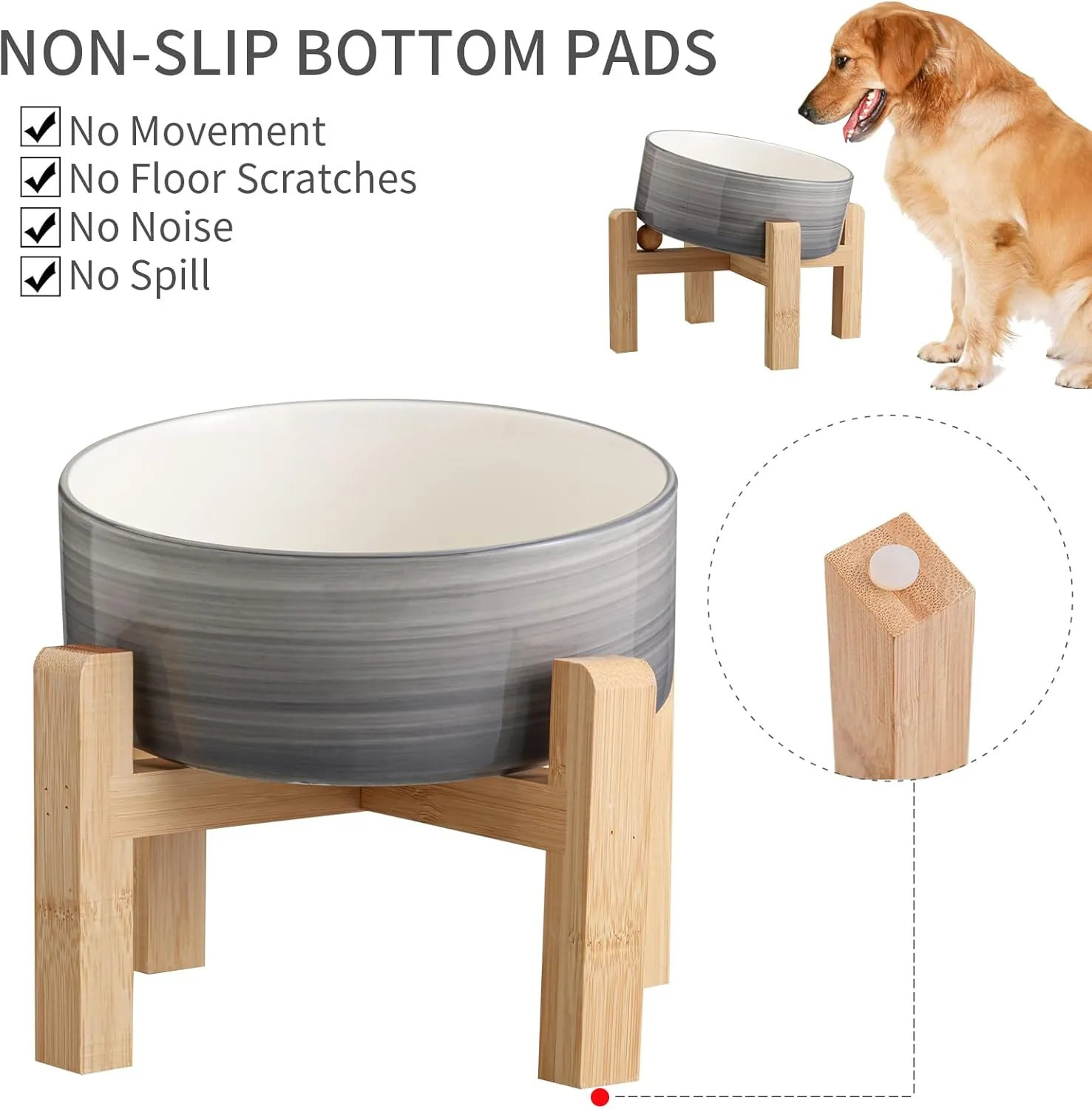 Elevated/Raised 15Tilted Anti Slip Ceramic Dog Bowls,Slanted Bulldog Pet Food Water Feeding Dish Stand for Cats and Dogs (3.6 Cups/28 OZ) Grey White