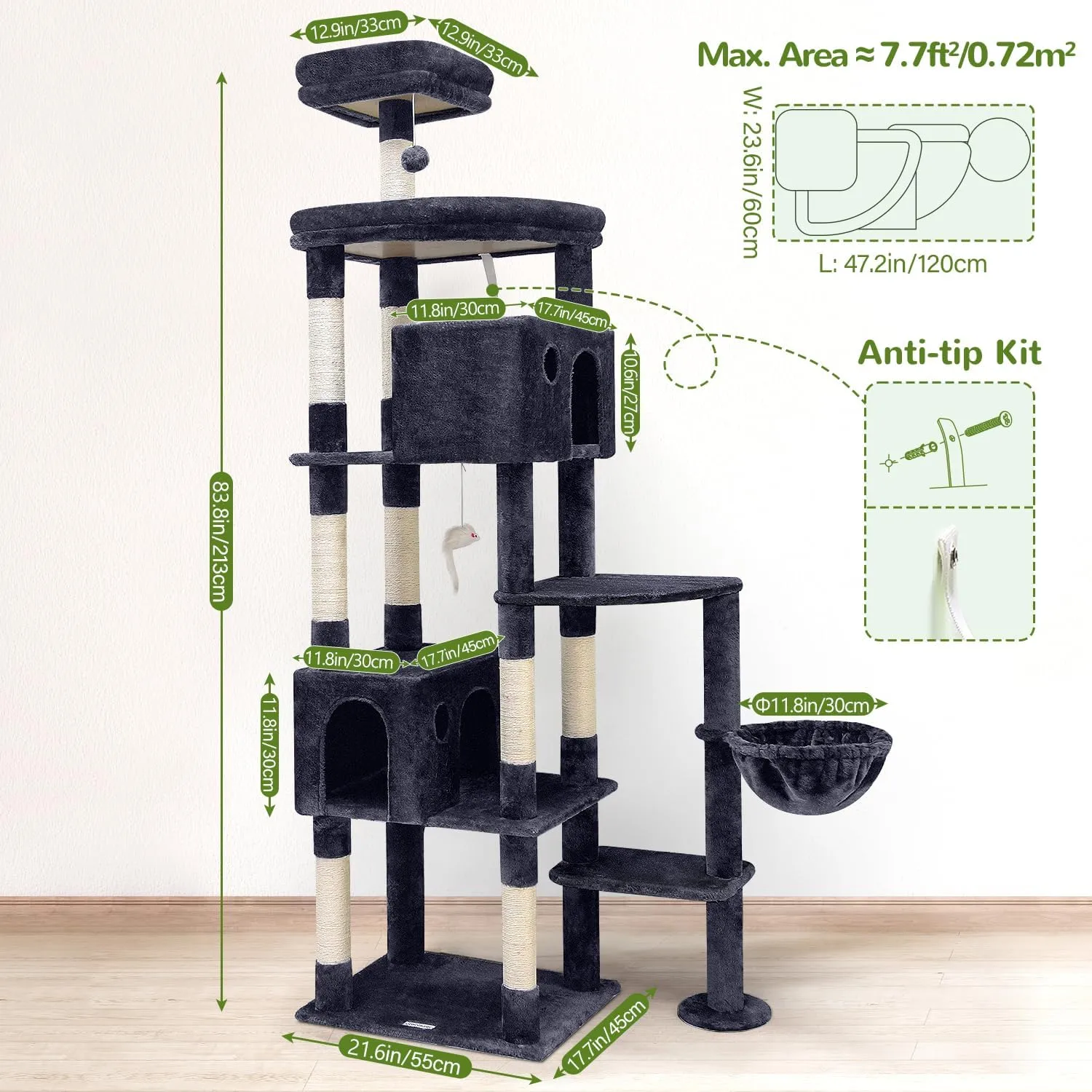 F83 Giant Cat Tree, 83 inch Cat Tree for Indoor Cats Large Adult, XXL Cat Tower with 9 Scratching Posts for 20lb  Heavy Duty Large Adult Cats, Dark Grey