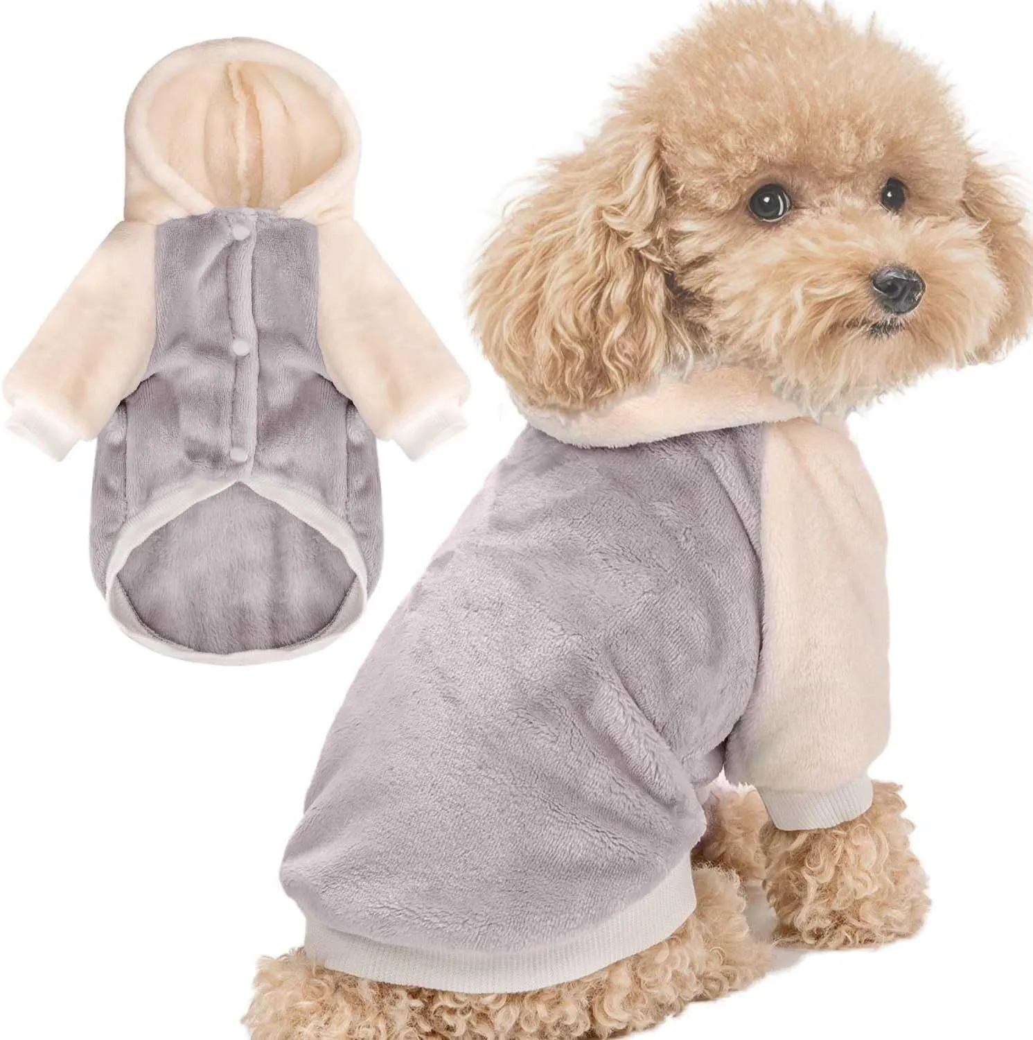 FabriCastle Dog Hoodie Sweater for Small Dogs Boy and Girl, Small Dog Clothes XS XXS Puppy Sweatshirt, Pet Outfit, Cat Clothing Super Soft Warm Snap On Closure (Lightgrey-Cream, X-Small)