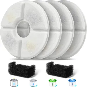 Filters Replacements for Flower Automatic Pet Fountains, Cat Water Fountain Replacement Parts and Dog Water Dispensers Filters for 81oz/2.4L Round Cat Water Fountains (4 Filters 2 Sponges)