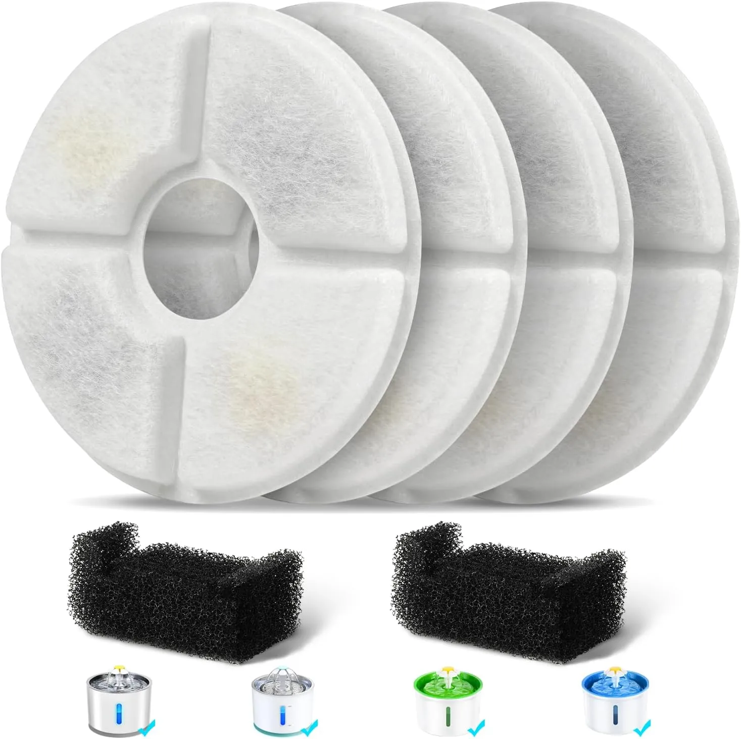 Filters Replacements for Flower Automatic Pet Fountains, Cat Water Fountain Replacement Parts and Dog Water Dispensers Filters for 81oz/2.4L Round Cat Water Fountains (4 Filters 2 Sponges)