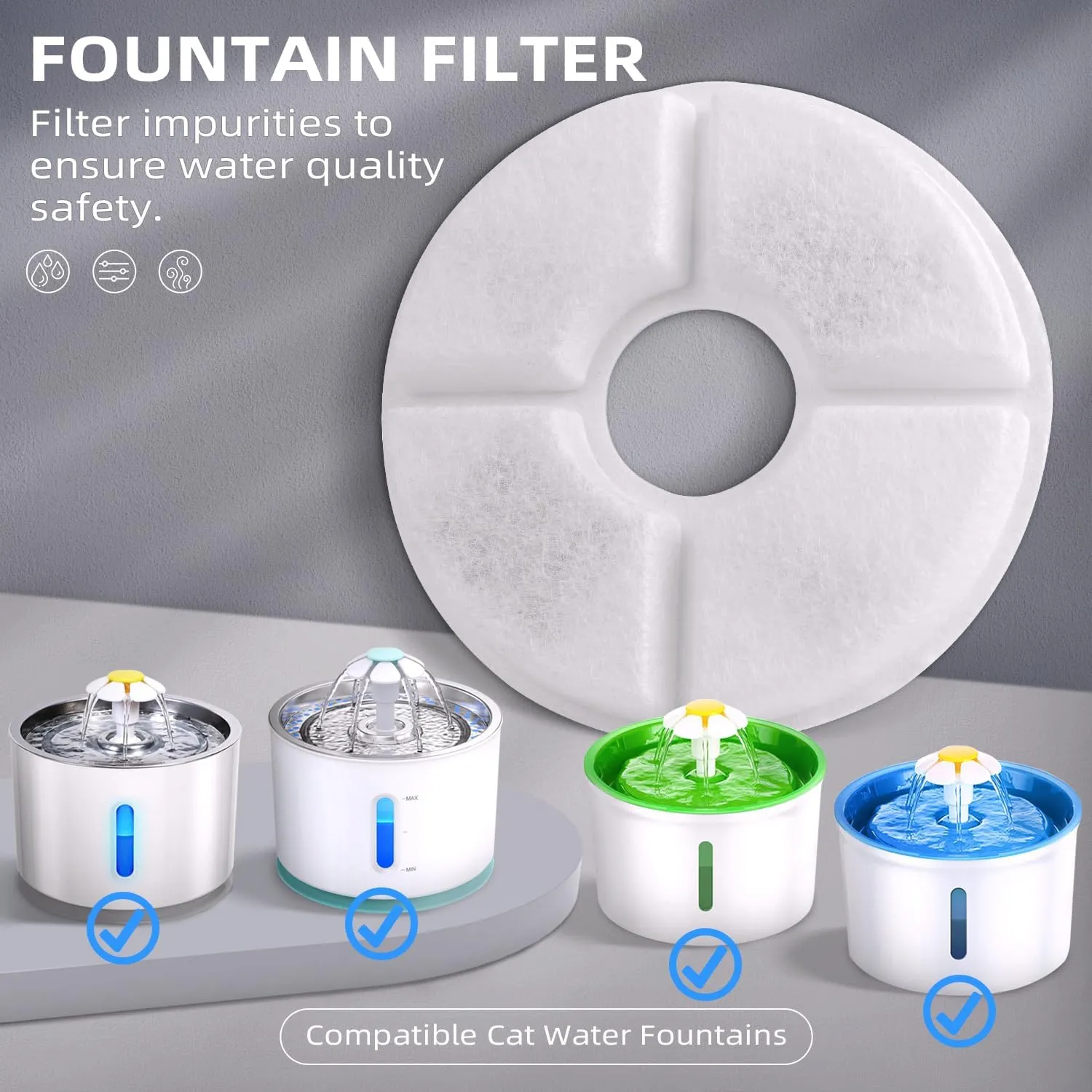 Filters Replacements for Flower Automatic Pet Fountains, Cat Water Fountain Replacement Parts and Dog Water Dispensers Filters for 81oz/2.4L Round Cat Water Fountains (4 Filters 2 Sponges)