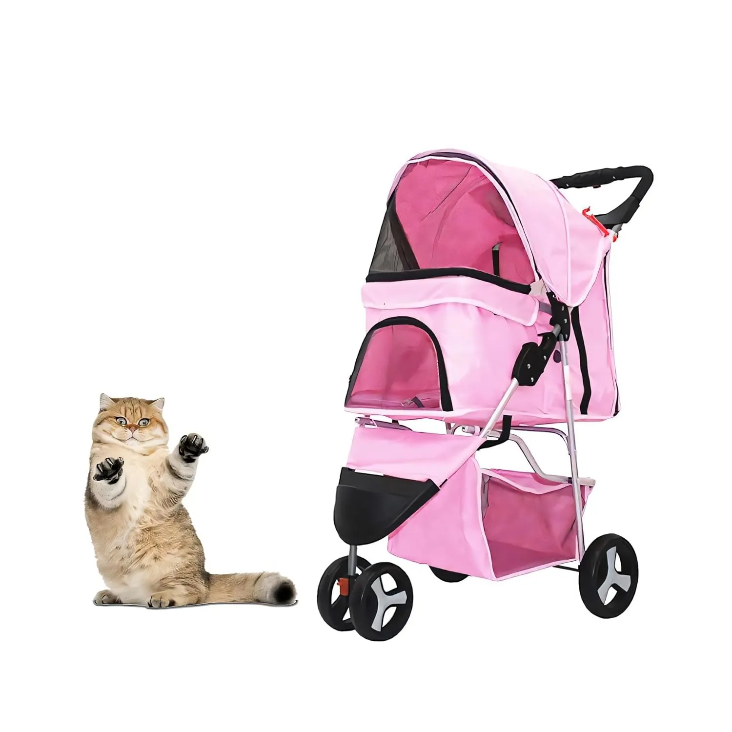 Foldable Pet Stroller, Cat/Dog Stroller with 3 Wheel, Dog Cat Cage Jogger Stroller for Medium Small Dogs Cats, Dog Travel Carrier with Storage Basket, Portable, Pink