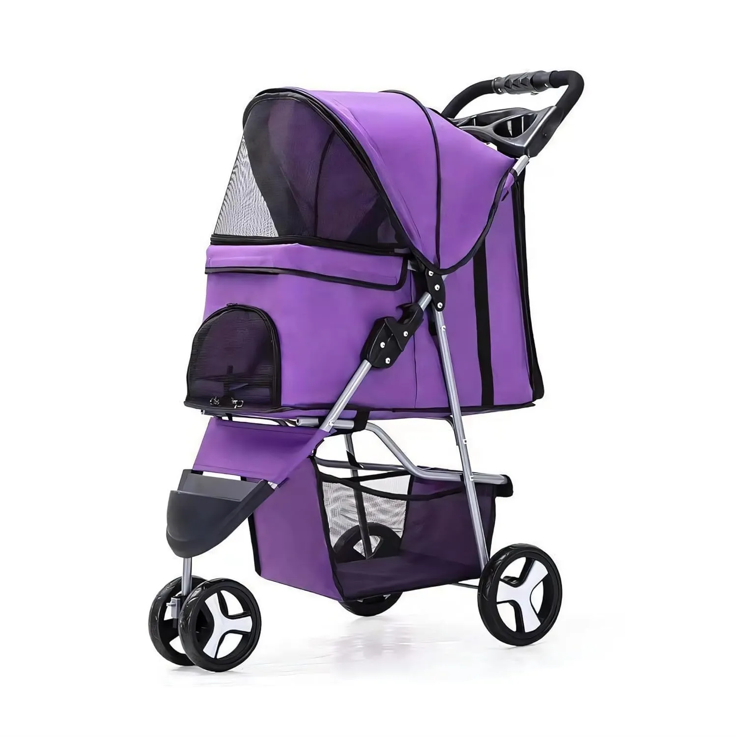 Foldable Pet Stroller, Cat/Dog Stroller with 3 Wheel, Dog Cat Cage Jogger Stroller for Medium Small Dogs Cats, Dog Travel Carrier with Storage Basket, Portable, Pink