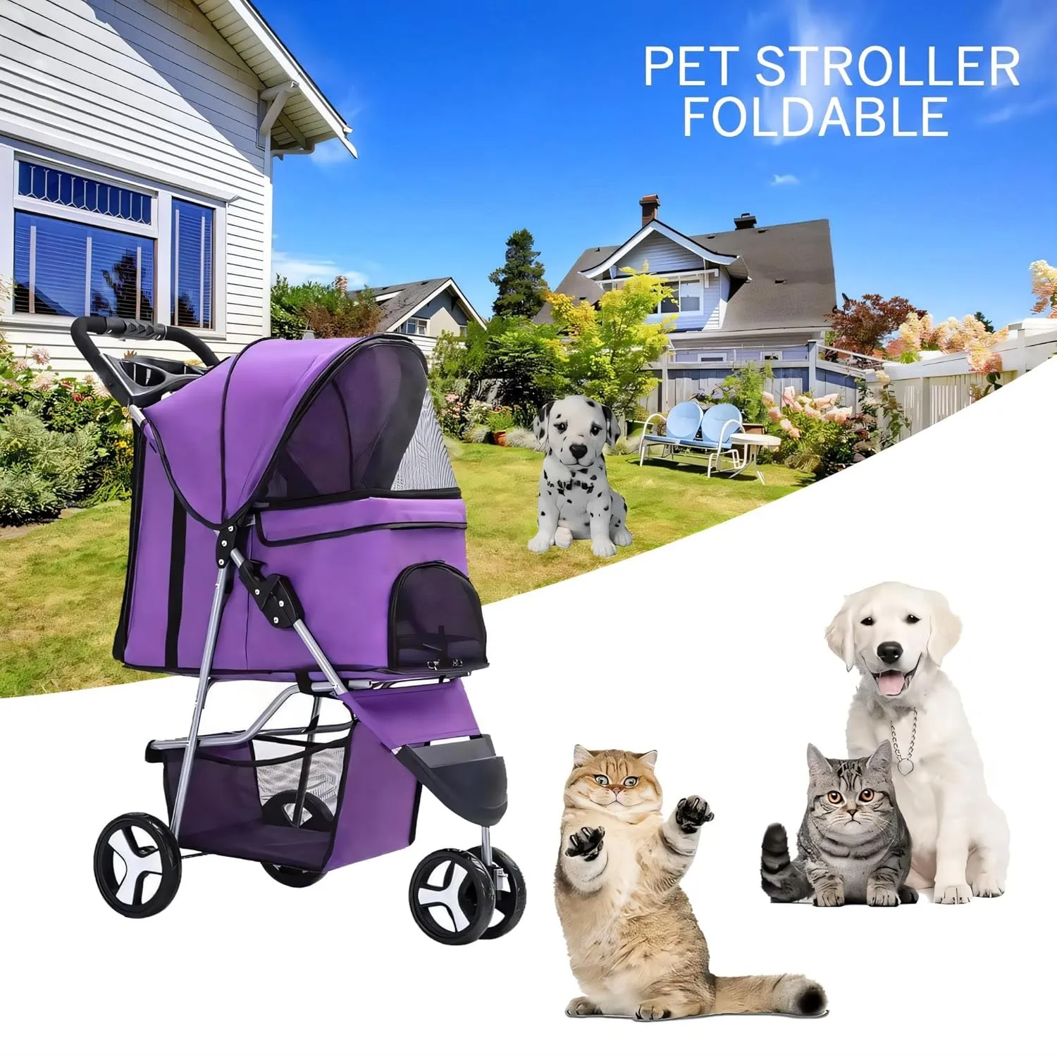 Foldable Pet Stroller, Cat/Dog Stroller with 3 Wheel, Dog Cat Cage Jogger Stroller for Medium Small Dogs Cats, Dog Travel Carrier with Storage Basket, Portable, Pink