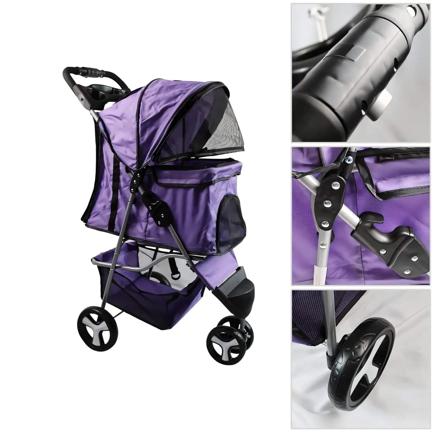 Foldable Pet Stroller, Cat/Dog Stroller with 3 Wheel, Dog Cat Cage Jogger Stroller for Medium Small Dogs Cats, Dog Travel Carrier with Storage Basket, Portable, Pink
