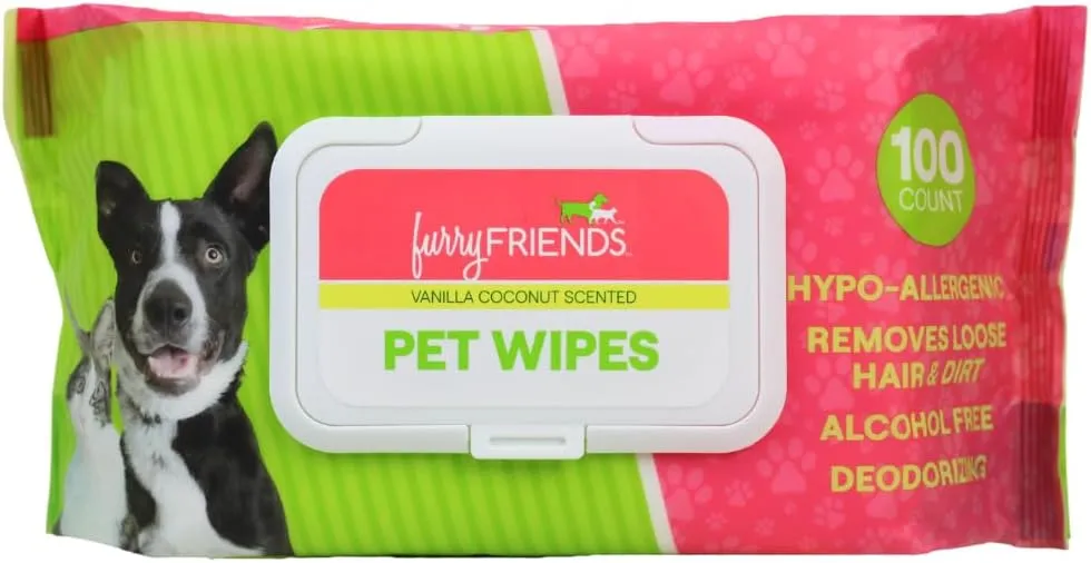 FurryFriends Pet Wipes | Vanilla Coconut Scented | Hypo-allergenic | Alcohol Free| Deodorizing | Removes Loose Hair & Dirt | Incredibly Clean | 100 ct. 1 Pack