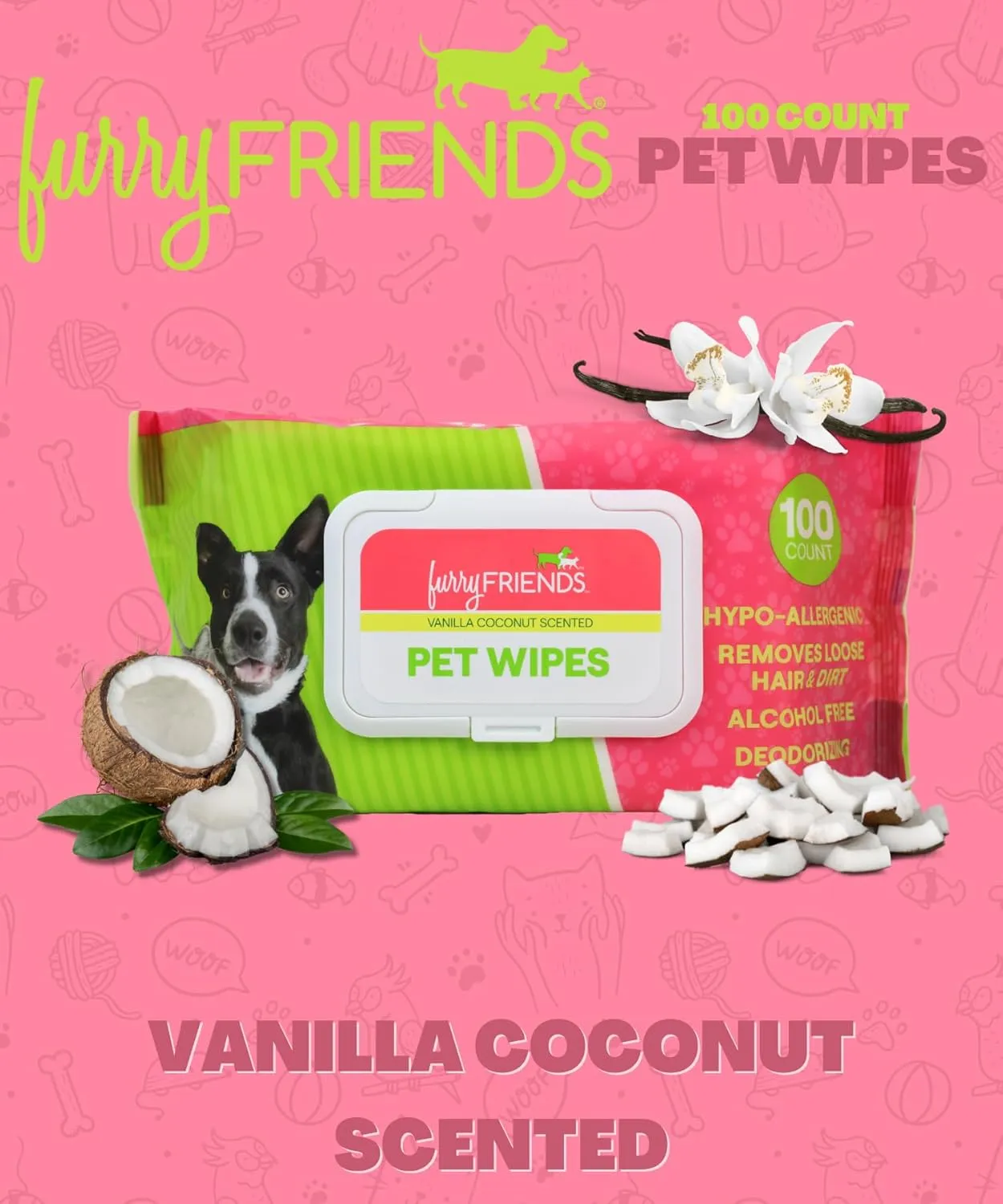 FurryFriends Pet Wipes | Vanilla Coconut Scented | Hypo-allergenic | Alcohol Free| Deodorizing | Removes Loose Hair & Dirt | Incredibly Clean | 100 ct. 1 Pack