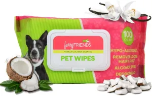 FurryFriends Pet Wipes | Vanilla Coconut Scented | Hypo-allergenic | Alcohol Free| Deodorizing | Removes Loose Hair & Dirt | Incredibly Clean | 100 ct. 1 Pack