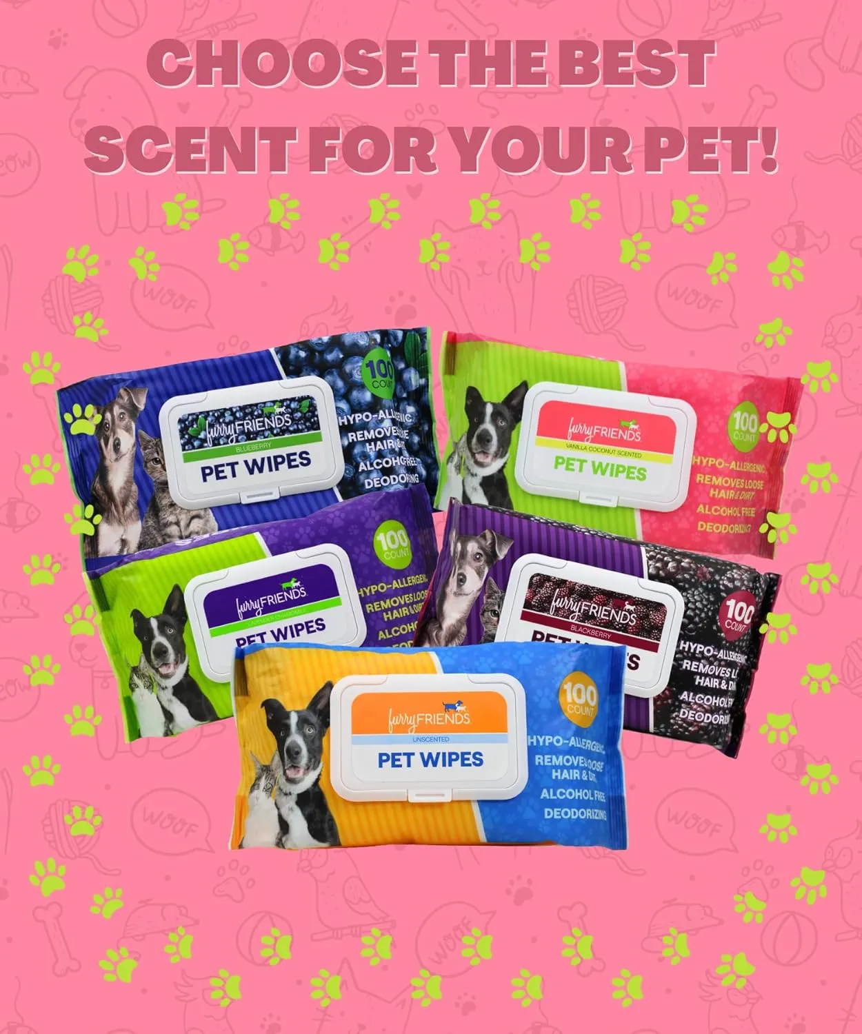 FurryFriends Pet Wipes | Vanilla Coconut Scented | Hypo-allergenic | Alcohol Free| Deodorizing | Removes Loose Hair & Dirt | Incredibly Clean | 100 ct. 1 Pack