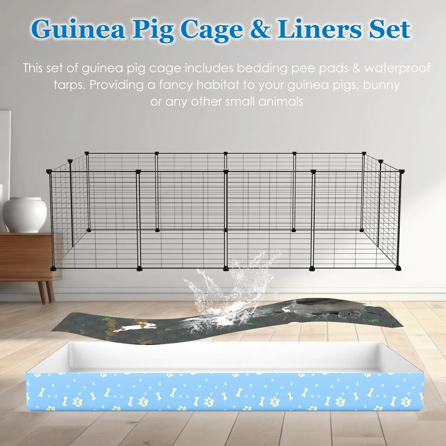 Guinea Pig Cages with Tarp and Bedding Pee Pad Liner, 2-Story Large Guinea Pig Playpen C&C Loft Cage for 2 Rabbit Bunny Chinchilla Small Animal Habitat for Indoor